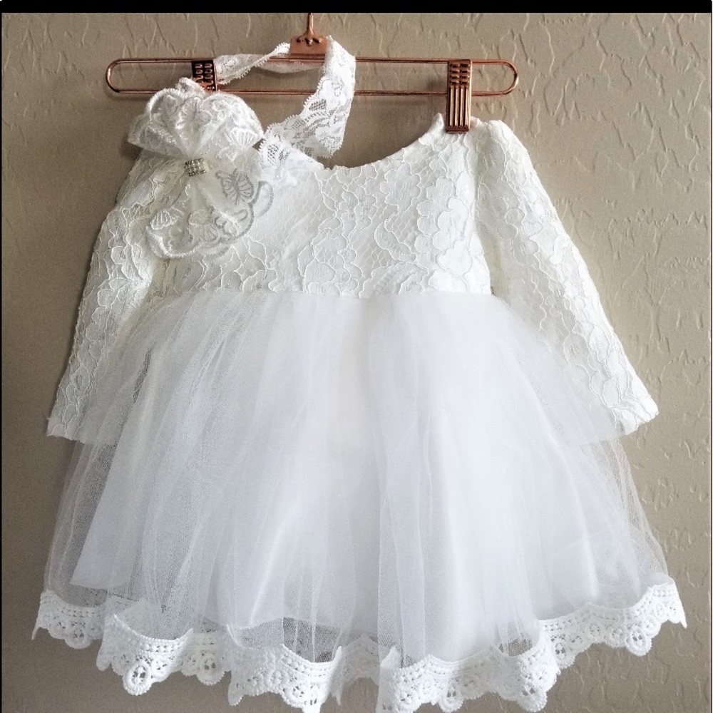 Baby White Dress and headband 3-6 Months---------19 1/2-20"-------15-16" - Picture 2 of 2